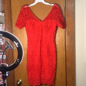 Red Lace dress with a Deep V-Neck and plunging bac